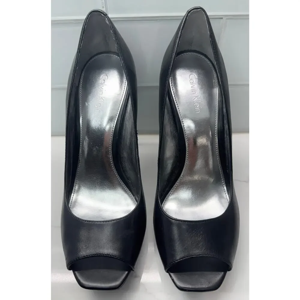 Calvin Klein Cora Burnished Calf Peep-toe Stiletto Platform Pumps Heels, Size 7M